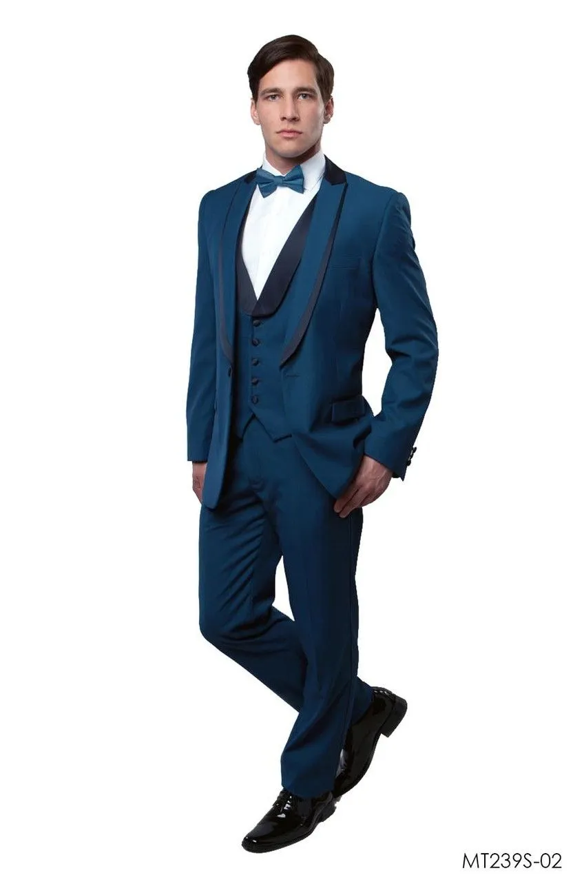 Men’s Teal Blue 3-Piece Formal Suit with Satin Shawl Lapel, Vest, and Pants – Sapphire Cobalt Blue sold by Alberto Nardoni product image thumbnail 3