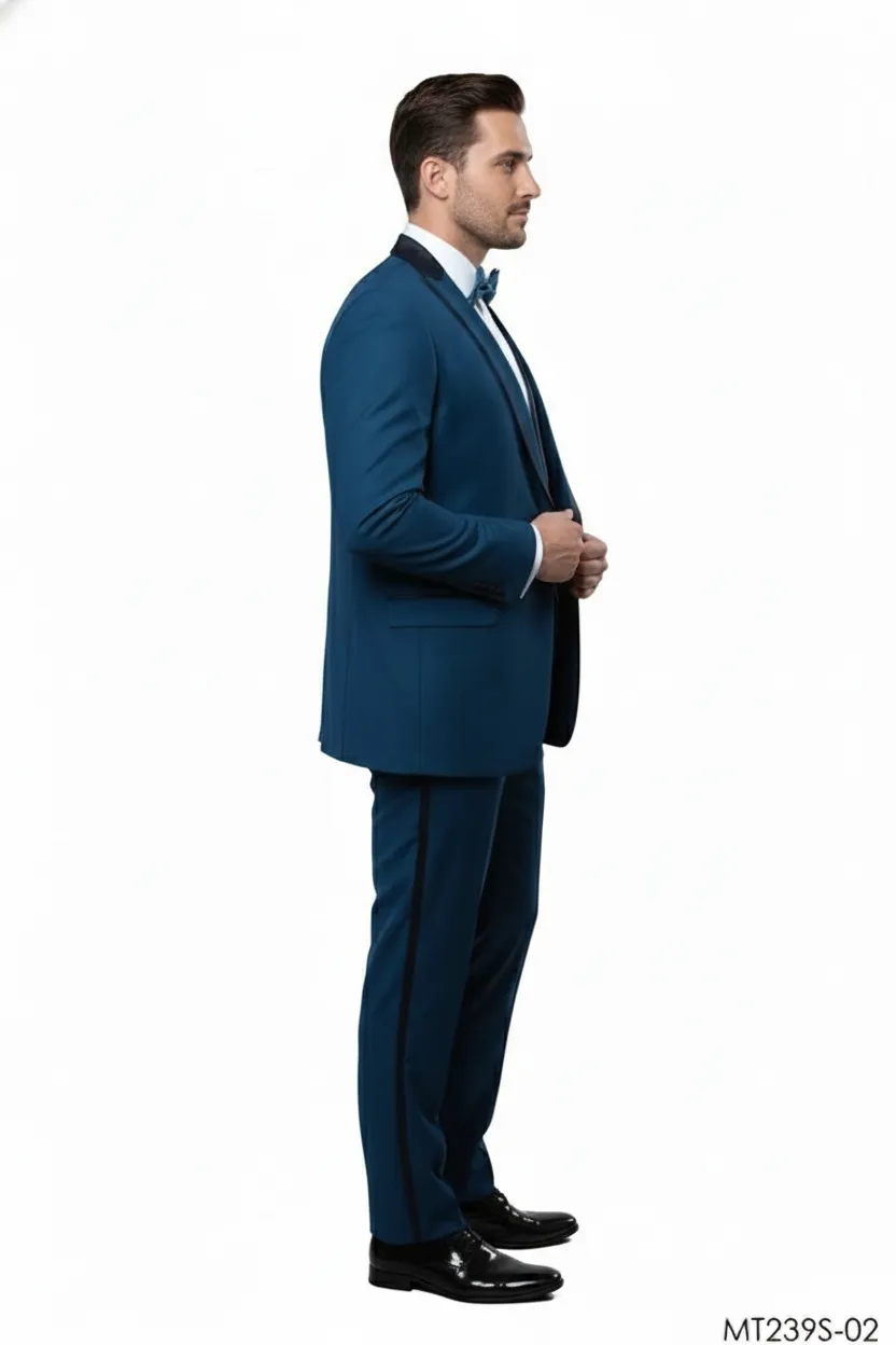 Men’s Teal Blue 3-Piece Formal Suit with Satin Shawl Lapel, Vest, and Pants – Sapphire Cobalt Blue sold by Alberto Nardoni product image thumbnail 2