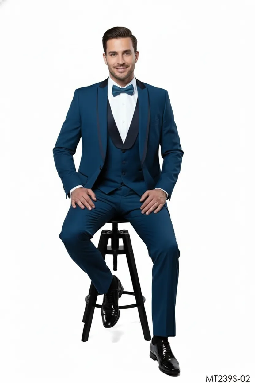 Men’s Teal Blue 3-Piece Formal Suit with Satin Shawl Lapel, Vest, and Pants – Sapphire Cobalt Blue sold by Alberto Nardoni product image thumbnail 5