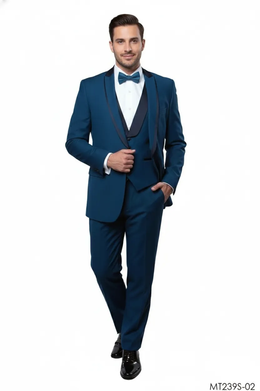 Men’s Teal Blue 3-Piece Formal Suit with Satin Shawl Lapel, Vest, and Pants – Sapphire Cobalt Blue sold by Alberto Nardoni