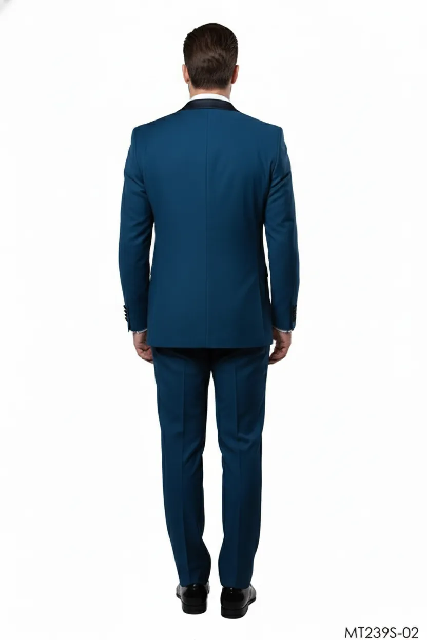 Men’s Teal Blue 3-Piece Formal Suit with Satin Shawl Lapel, Vest, and Pants – Sapphire Cobalt Blue sold by Alberto Nardoni product image thumbnail 4