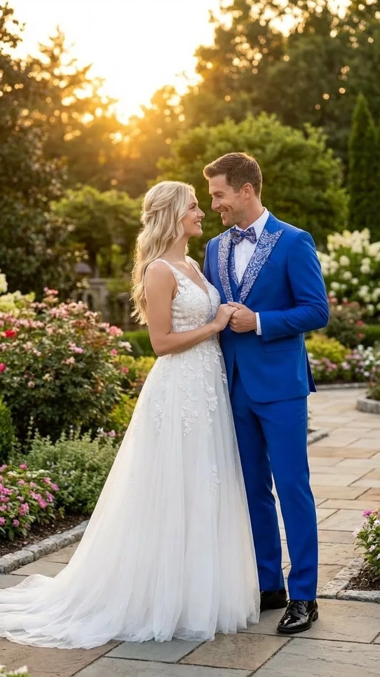 Men’s Bright Royal Blue and White Lapel Embellished Suit – 3-Piece Formal Wedding, Prom, and Gala Outfit sold by Alberto Nardoni product image thumbnail 4