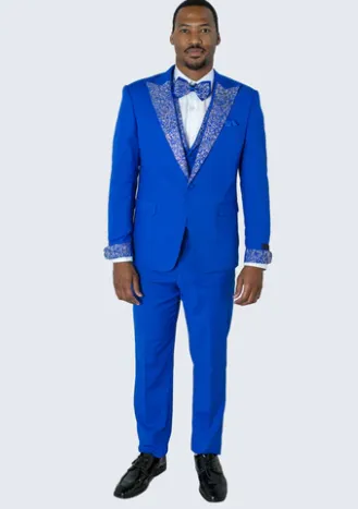 Men’s Bright Royal Blue and White Lapel Embellished Suit – 3-Piece Formal Wedding, Prom, and Gala Outfit sold by Alberto Nardoni product image thumbnail 2