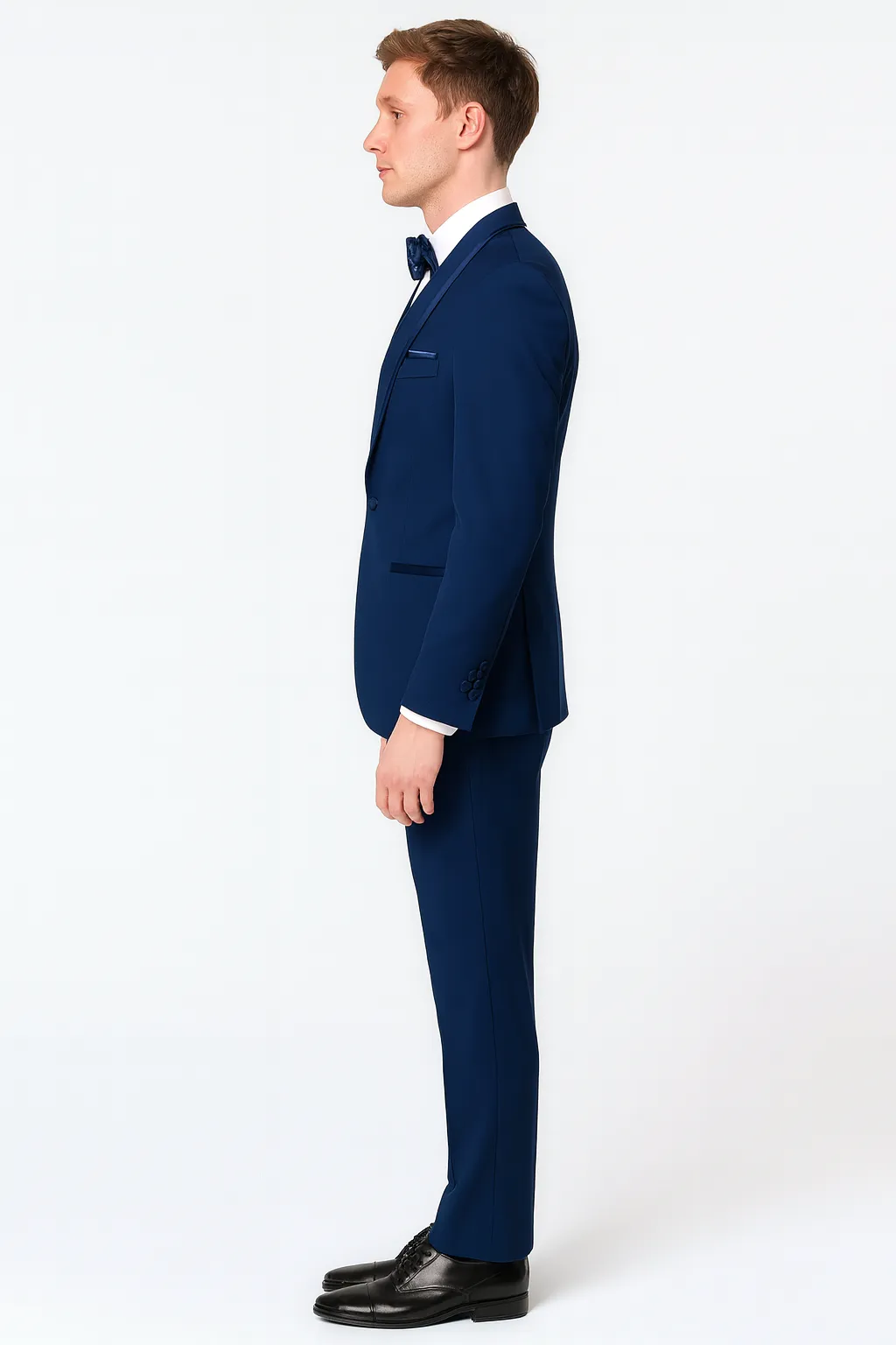 Men’s Navy Blue with Blue Trim Three-Piece Suit – Satin Shawl Lapel & Bow Tie Wedding Suit sold by Alberto Nardoni product image thumbnail 3