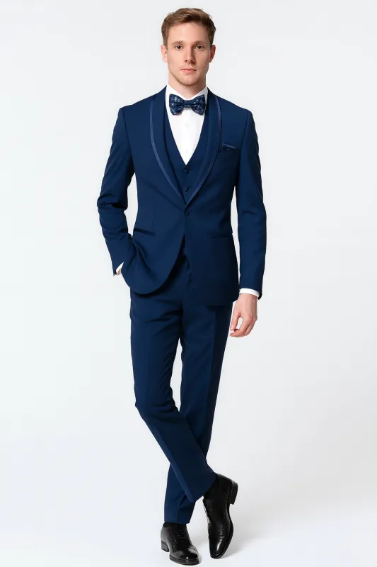 Men’s Navy Blue with Blue Trim Three-Piece Suit – Satin Shawl Lapel & Bow Tie Wedding Suit sold by Alberto Nardoni