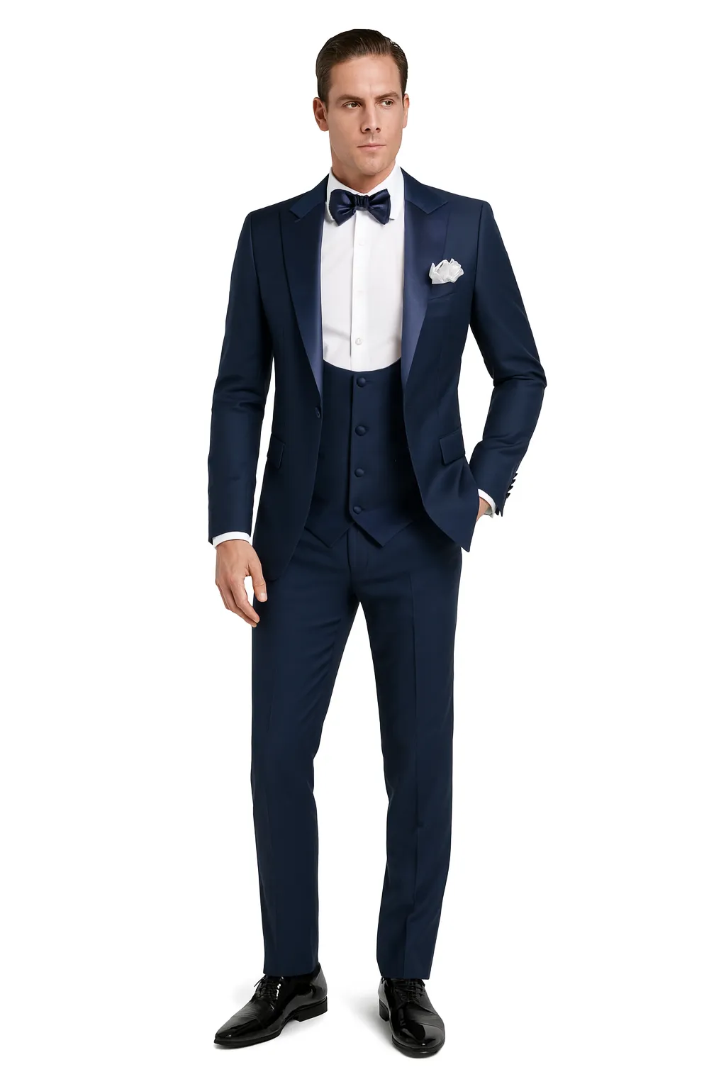 Men’s Navy Blue Suit with Satin Peak Lapel – 3-Piece Formal Set with Vest and Bow Tie sold by Alberto Nardoni product image thumbnail 3