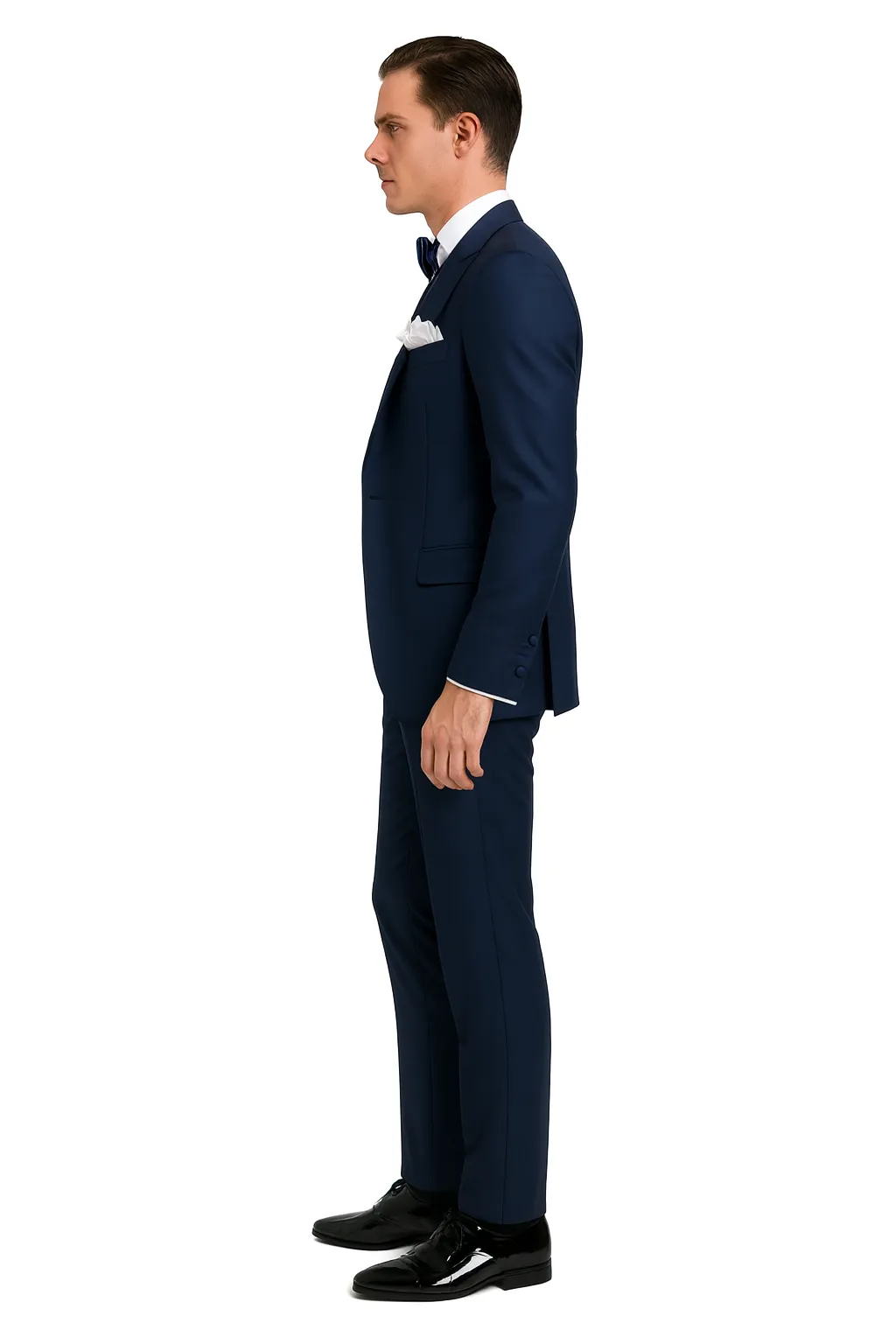 Men’s Navy Blue Suit with Satin Peak Lapel – 3-Piece Formal Set with Vest and Bow Tie sold by Alberto Nardoni product image thumbnail 5