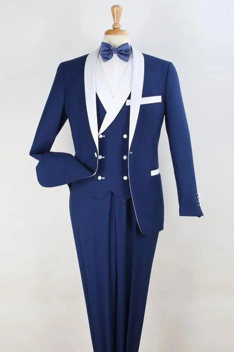 Royal Blue and White Lapel Vested Suit – Shawl Collar Double-Breasted Vest sold by Alberto Nardoni