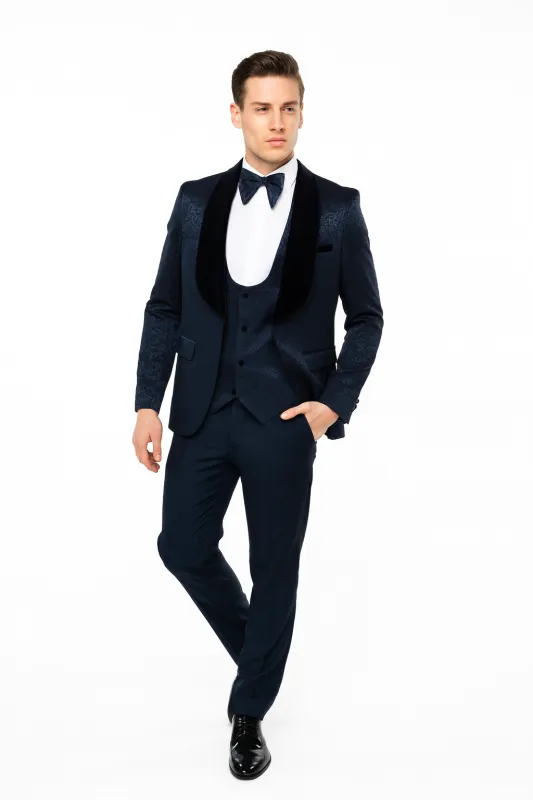 Men’s Navy Blue Jacquard Suit with Black Velvet Shawl Lapel – 3-Piece Formal Set with Bow Tie sold by Alberto Nardoni