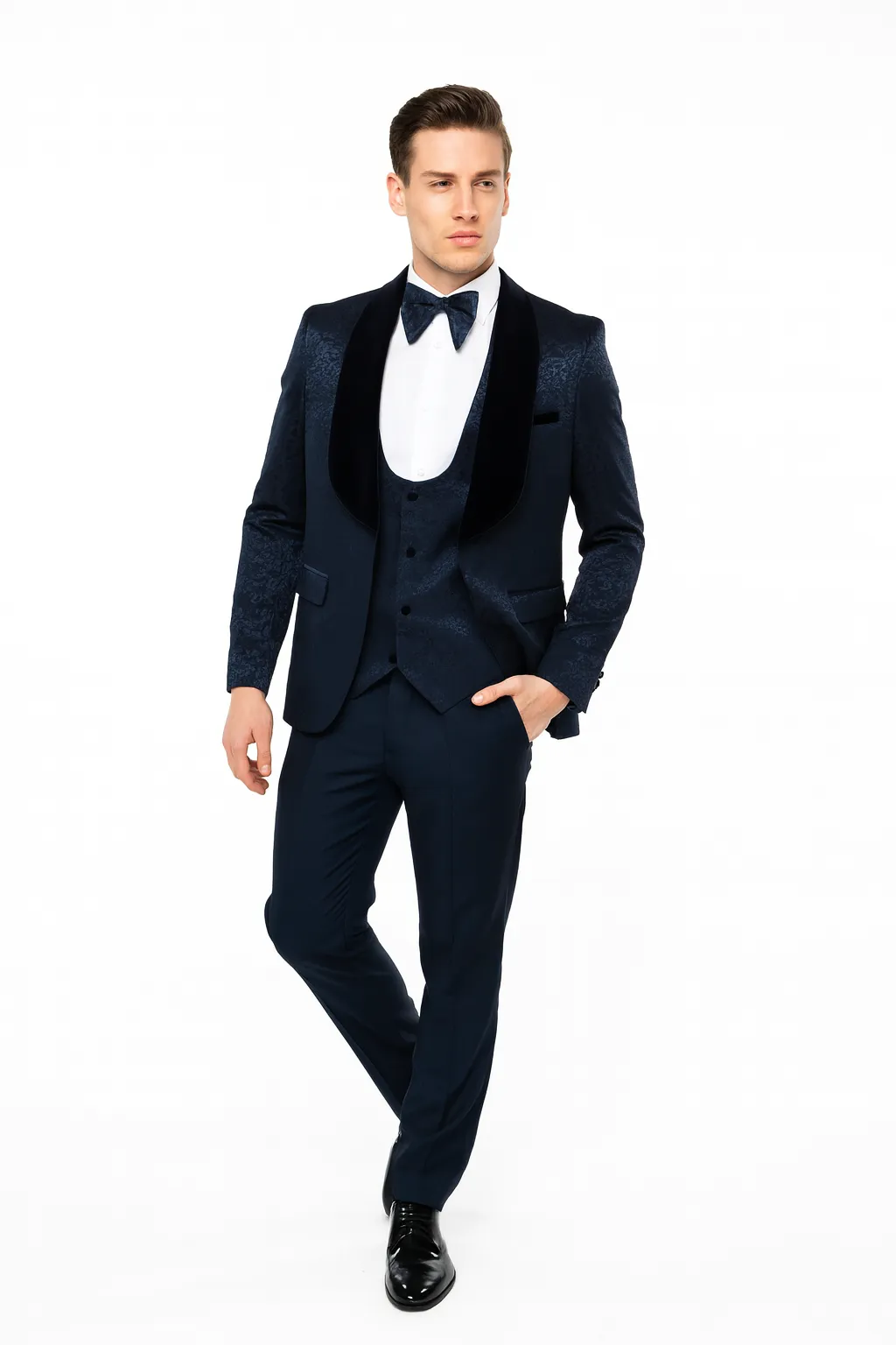 Men’s Navy Blue Jacquard Suit with Black Velvet Shawl Lapel – 3-Piece Formal Set with Bow Tie sold by Alberto Nardoni