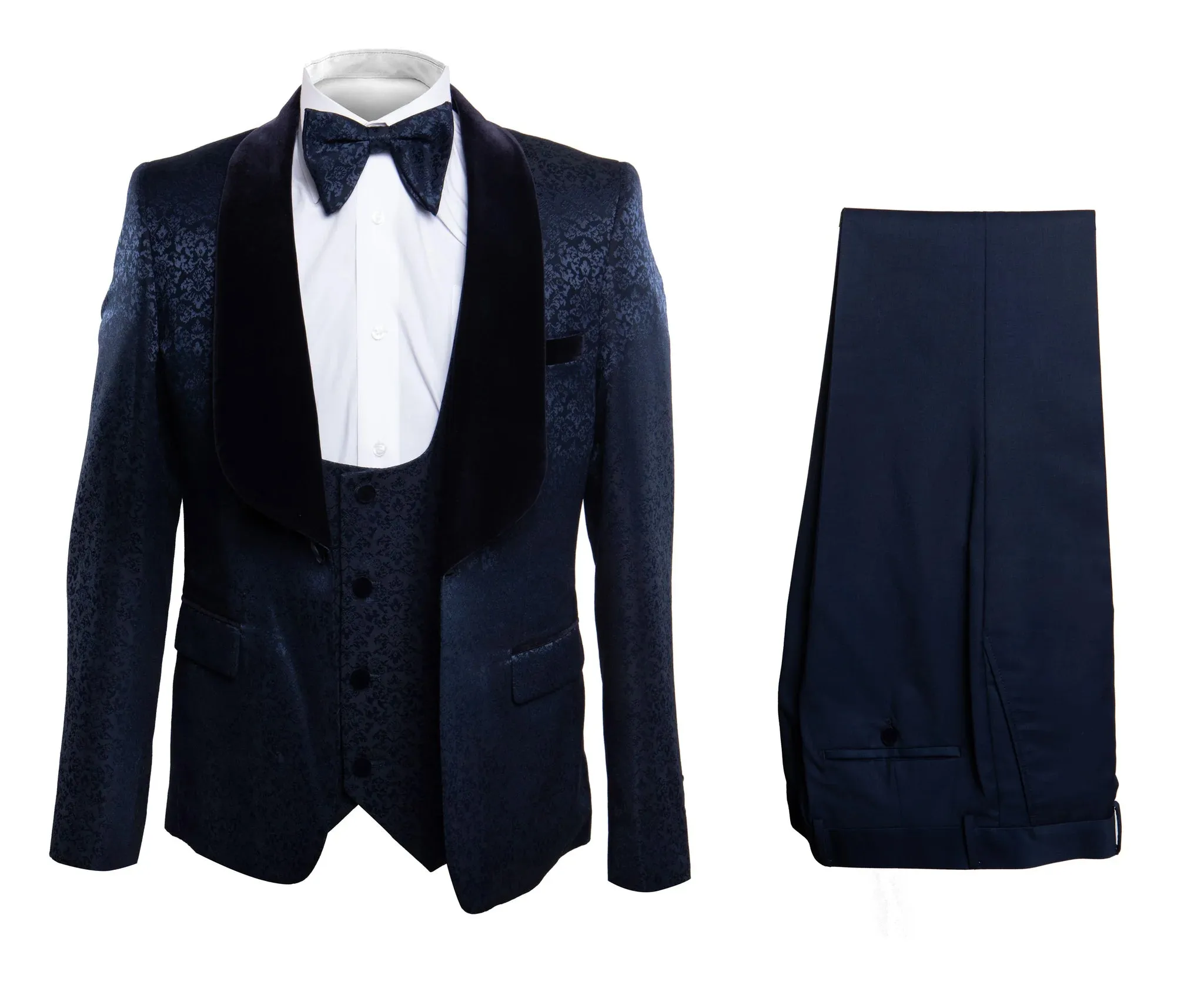 Men’s Navy Blue Jacquard Suit with Black Velvet Shawl Lapel – 3-Piece Formal Set with Bow Tie sold by Alberto Nardoni product image thumbnail 2