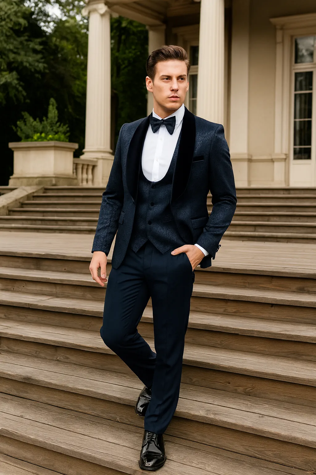 Men’s Navy Blue Jacquard Suit with Black Velvet Shawl Lapel – 3-Piece Formal Set with Bow Tie sold by Alberto Nardoni product image thumbnail 5
