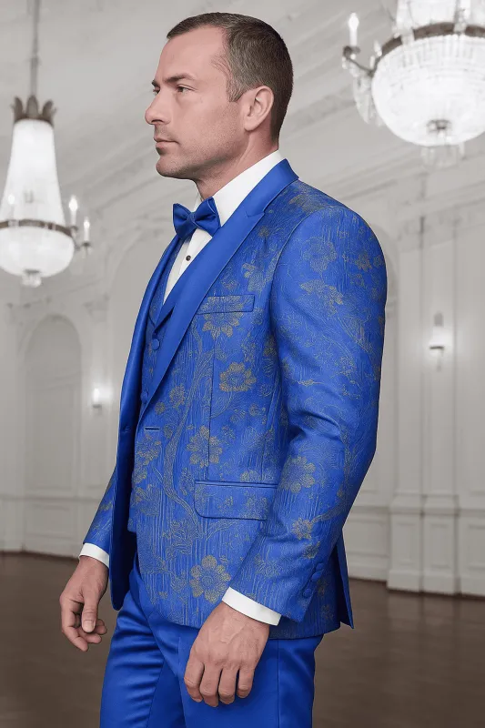 Men’s Royal Blue Paisley Lace Print Suit with Double-Breasted Vest – Prom & Wedding sold by Alberto Nardoni