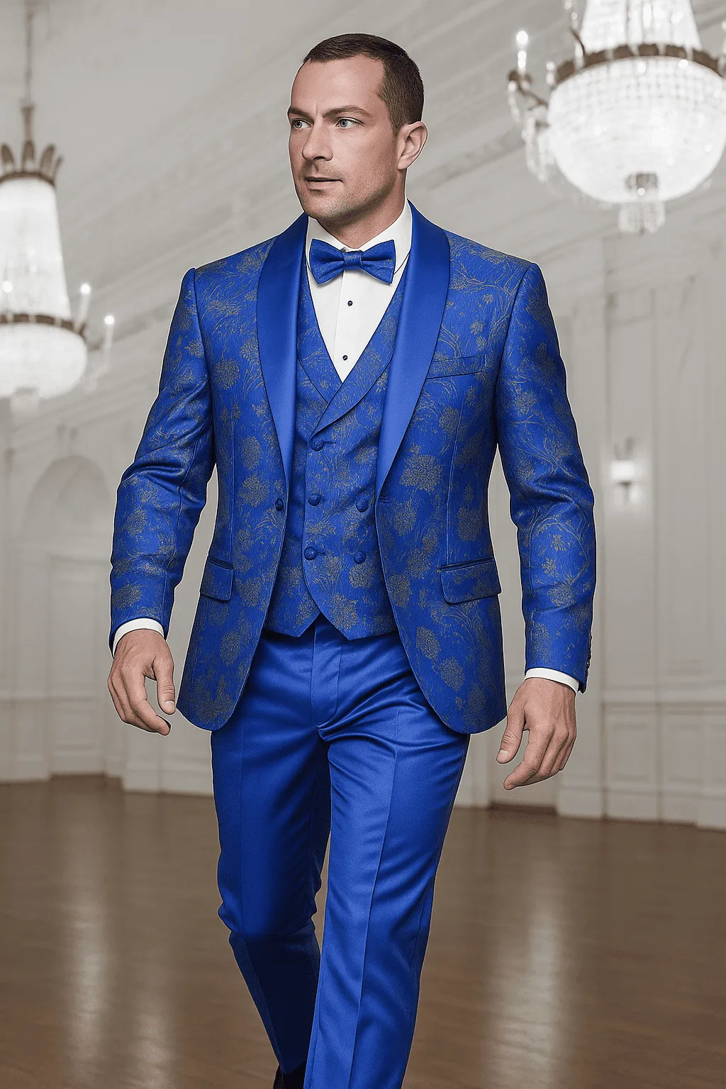 Men’s Royal Blue Paisley Lace Print Suit with Double-Breasted Vest – Prom & Wedding sold by Alberto Nardoni product image thumbnail 3