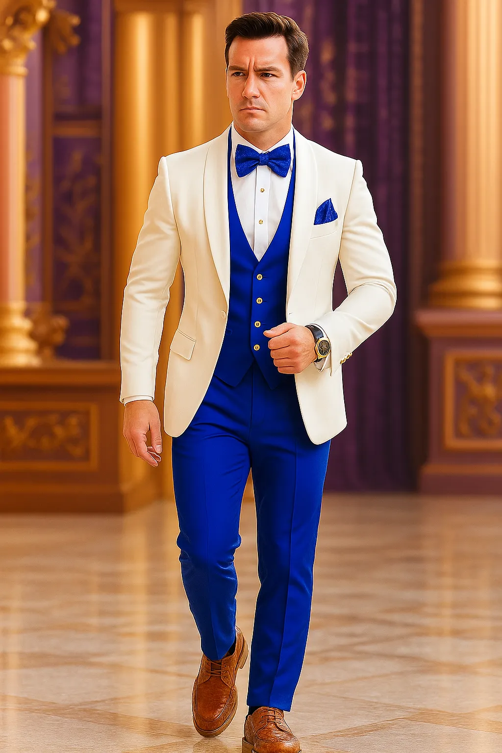 White and Royal Blue Wedding Suit – White Dinner Jacket, Vest, Pants & Bow Tie sold by Alberto Nardoni product image thumbnail 3
