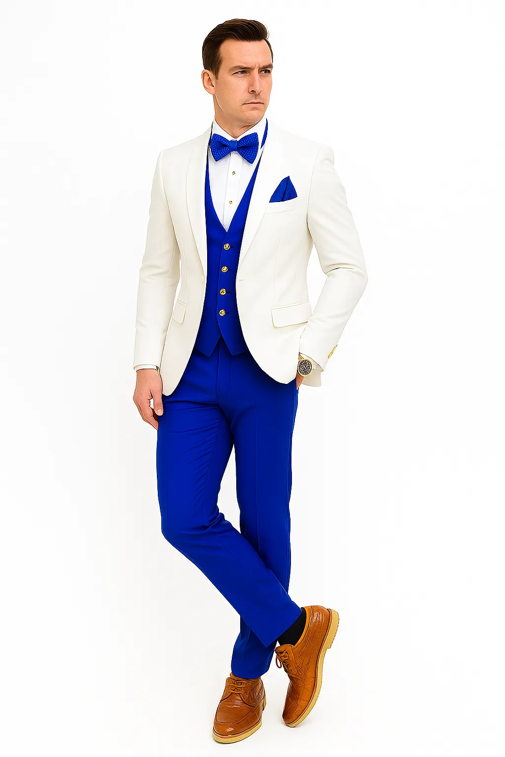 White and Royal Blue Wedding Suit – White Dinner Jacket, Vest, Pants & Bow Tie sold by Alberto Nardoni product image thumbnail 2