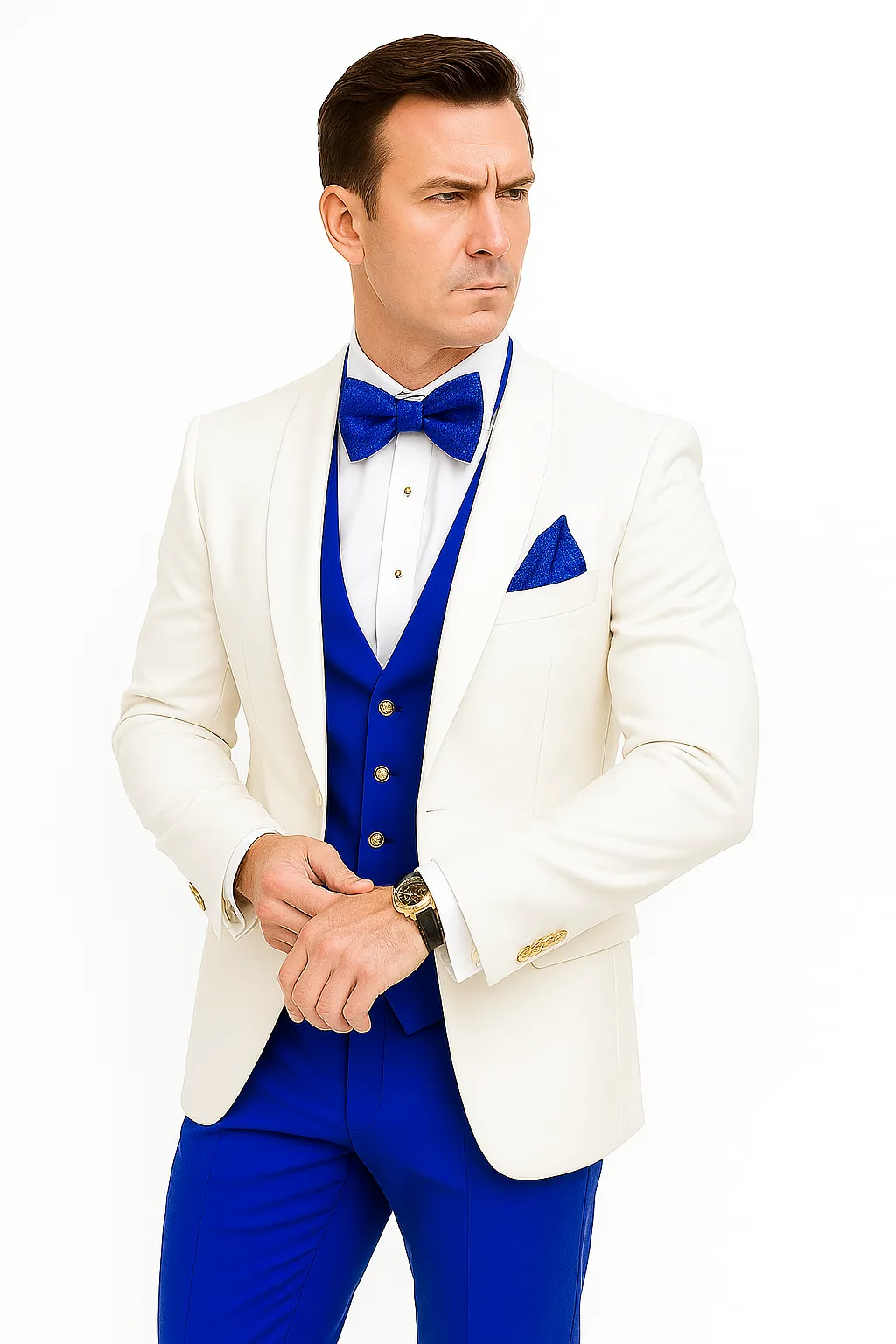 White and Royal Blue Wedding Suit – White Dinner Jacket, Vest, Pants & Bow Tie sold by Alberto Nardoni product image thumbnail 5