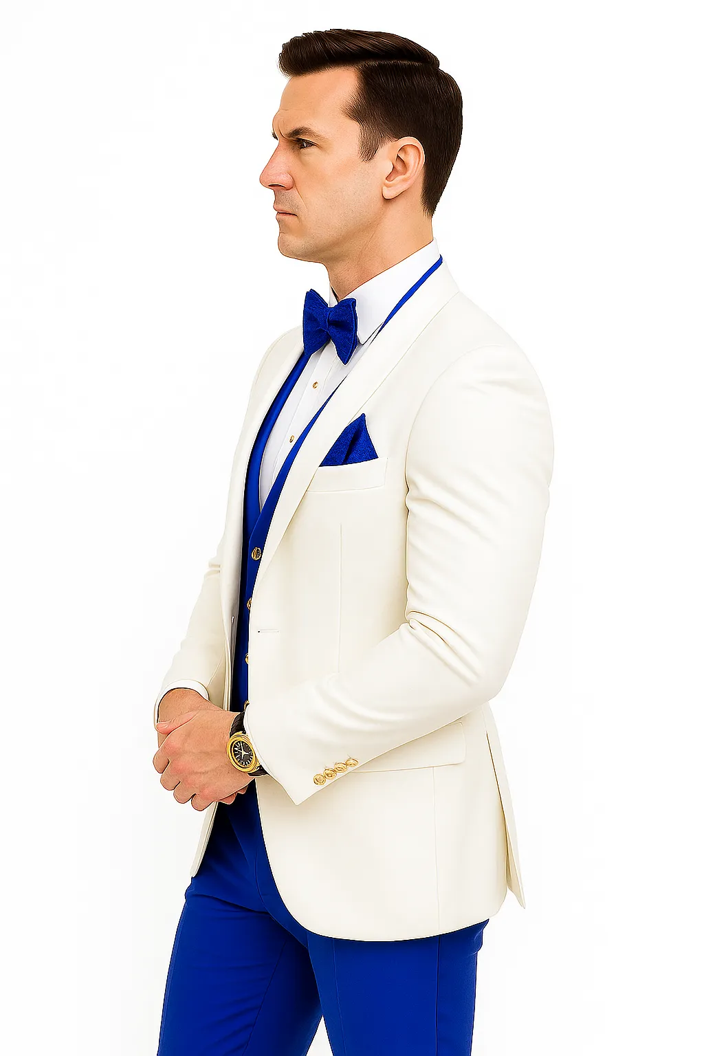 White and Royal Blue Wedding Suit – White Dinner Jacket, Vest, Pants & Bow Tie sold by Alberto Nardoni product image thumbnail 4