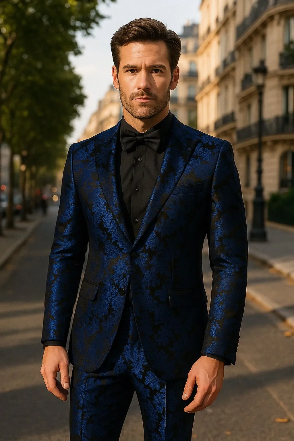 Men’s Royal Blue Metallic Floral Suit – Black Background Two-Piece Set sold by Alberto Nardoni product image thumbnail 3
