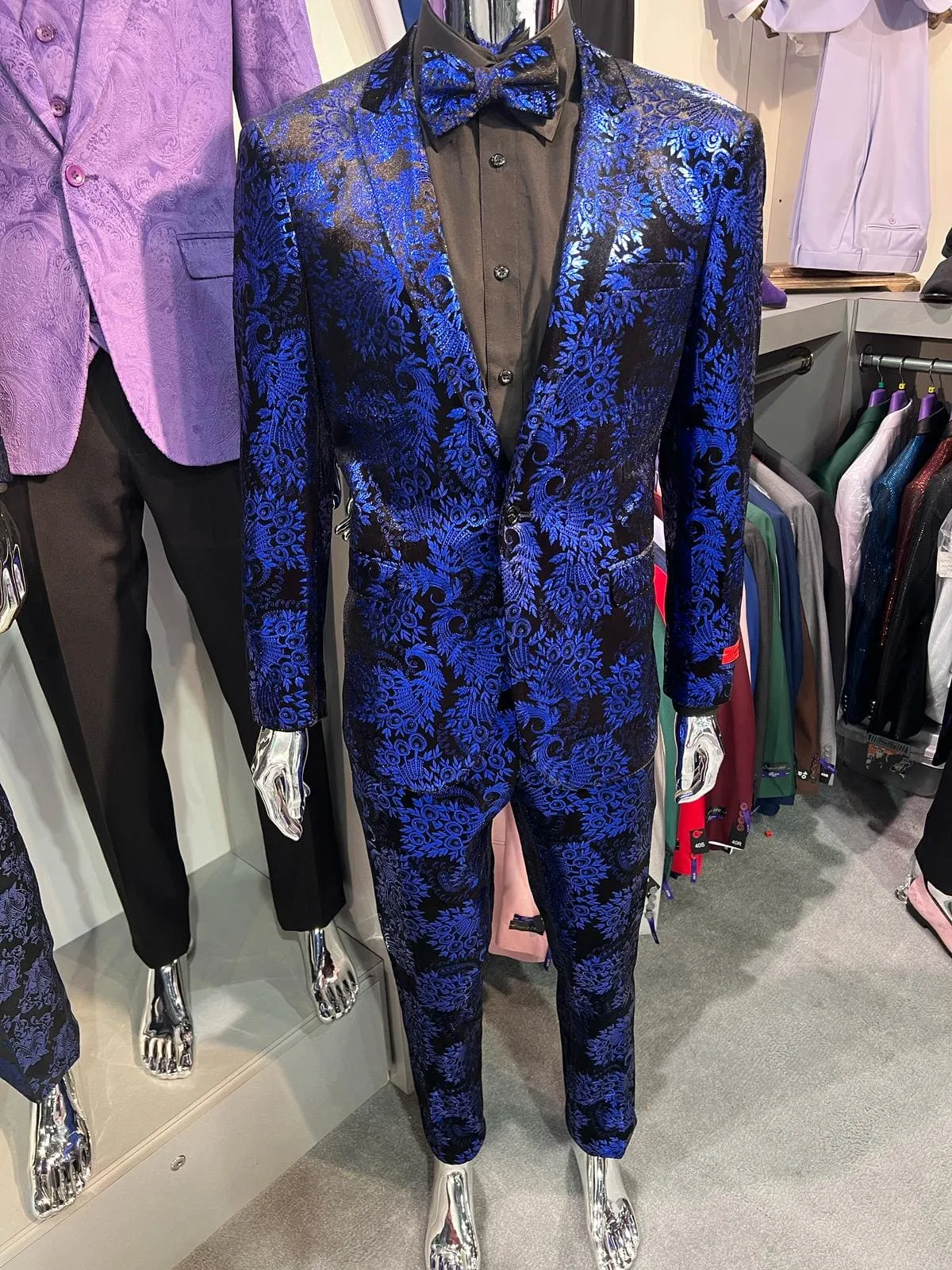 Men’s Royal Blue Metallic Floral Suit – Black Background Two-Piece Set sold by Alberto Nardoni product image thumbnail 4