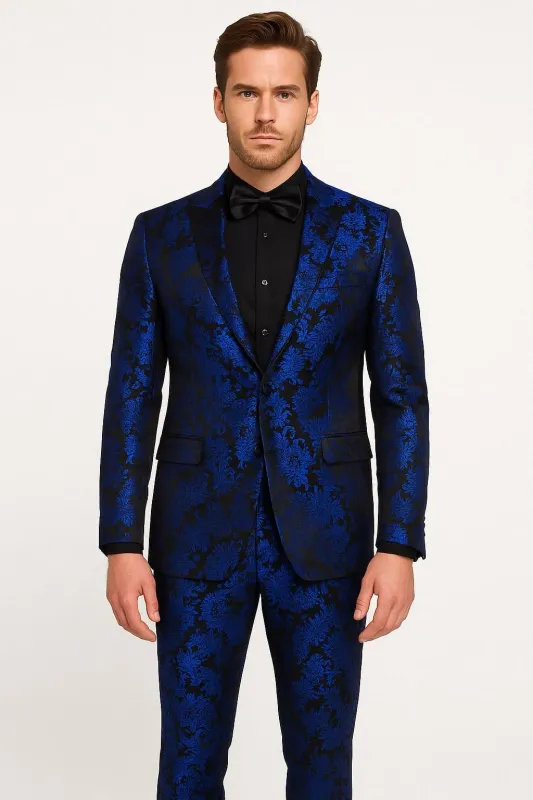 Men’s Royal Blue Metallic Floral Suit – Black Background Two-Piece Set made by Alberto Nardoni