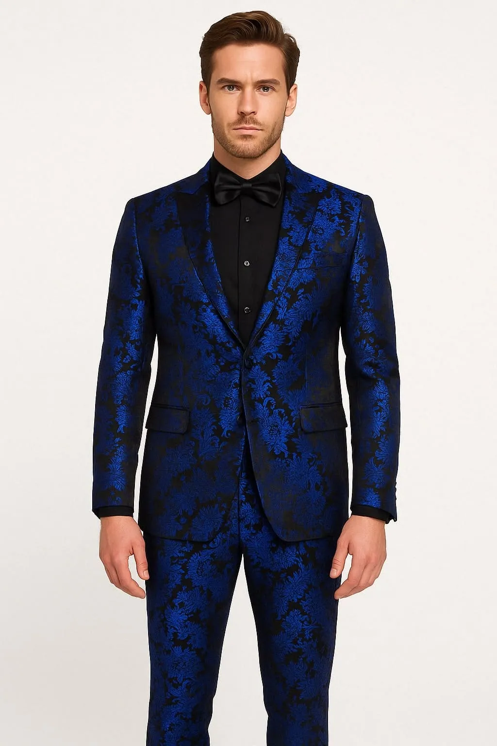 Men’s Royal Blue Metallic Floral Suit – Black Background Two-Piece Set sold by Alberto Nardoni
