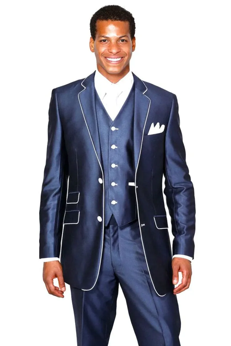 Sharkskin Slim Fit Suit with Vest, Navy Blue – Men’s sold by Alberto Nardoni