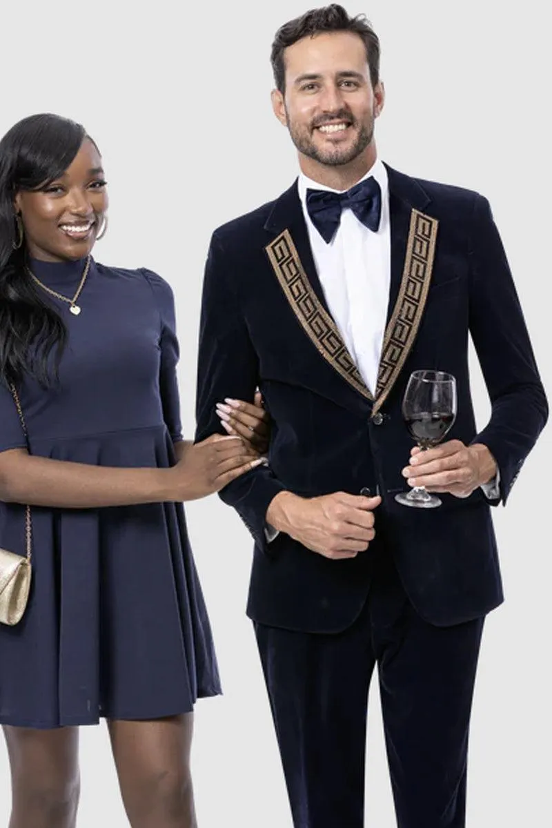 EJ Samuel Men's Navy Blue Modern Fit Velvet Sequin Lapel Suit sold by Alberto Nardoni