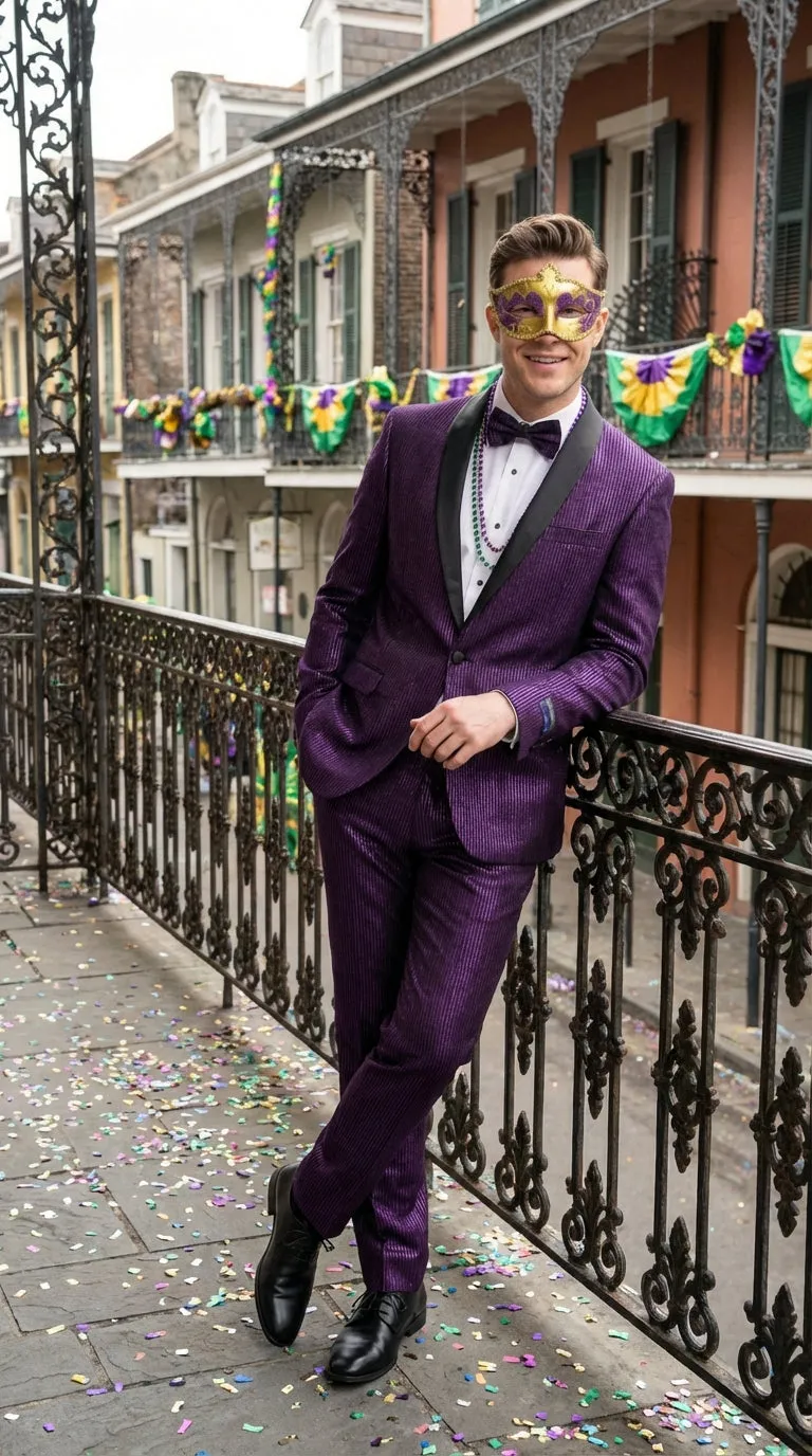 Mens Purple Shimmer Mardi Gras Suit with Black Satin Lapel – Shiny Metallic Formal Party and Carnival Suit Sequin Look sold by Alberto Nardoni product image thumbnail 5