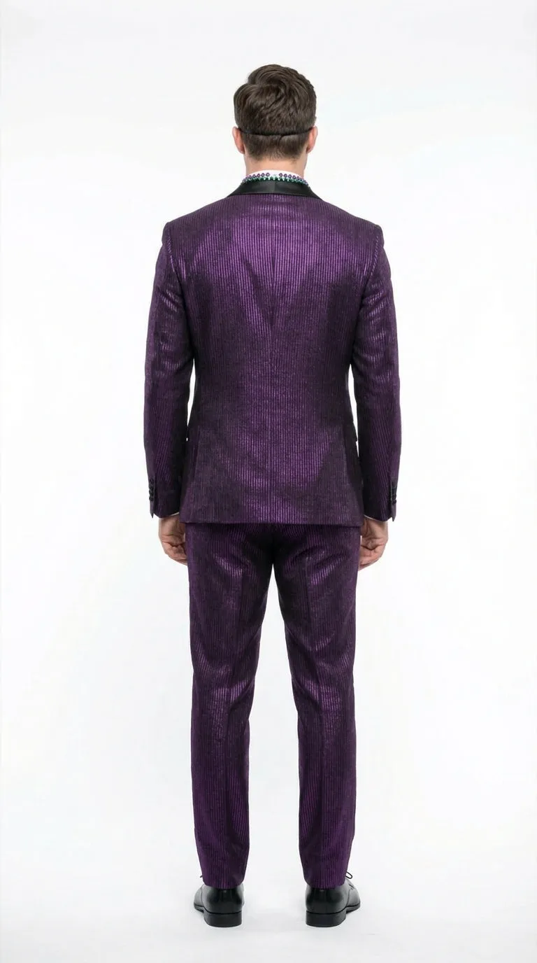 Mens Purple Shimmer Mardi Gras Suit with Black Satin Lapel – Shiny Metallic Formal Party and Carnival Suit Sequin Look sold by Alberto Nardoni product image thumbnail 2