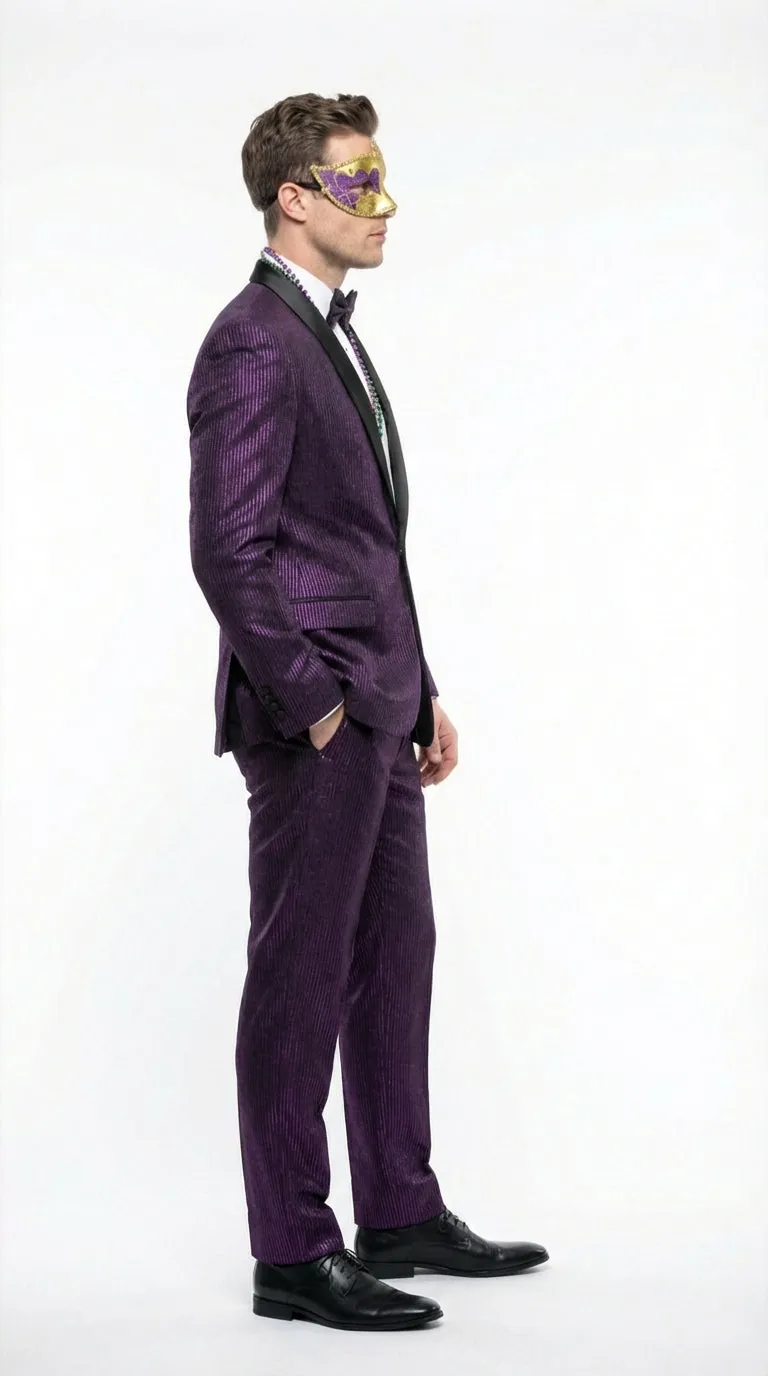 Mens Purple Shimmer Mardi Gras Suit with Black Satin Lapel – Shiny Metallic Formal Party and Carnival Suit Sequin Look sold by Alberto Nardoni product image thumbnail 3