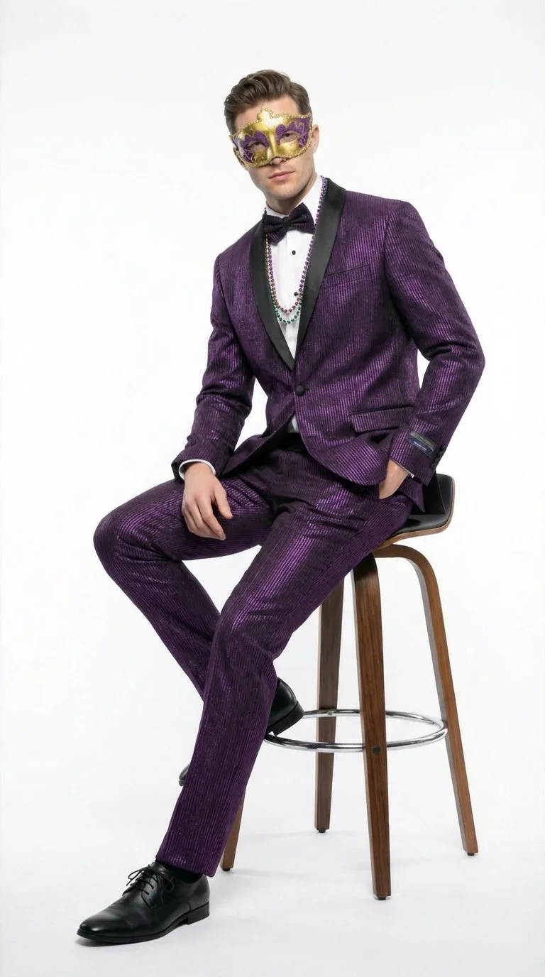 Mens Purple Shimmer Mardi Gras Suit with Black Satin Lapel – Shiny Metallic Formal Party and Carnival Suit Sequin Look sold by Alberto Nardoni product image thumbnail 4