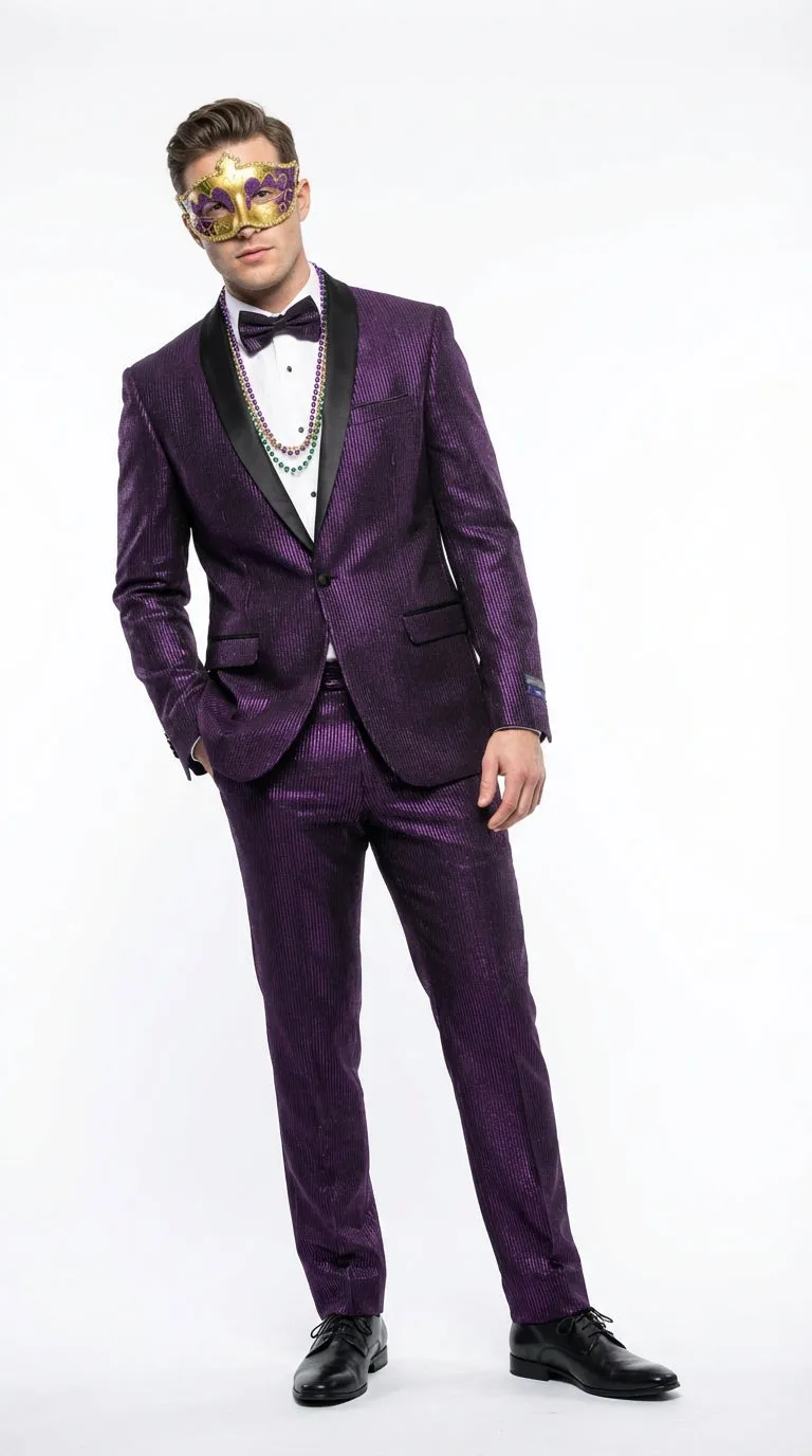 Mens Purple Shimmer Mardi Gras Suit with Black Satin Lapel – Shiny Metallic Formal Party and Carnival Suit Sequin Look sold by Alberto Nardoni