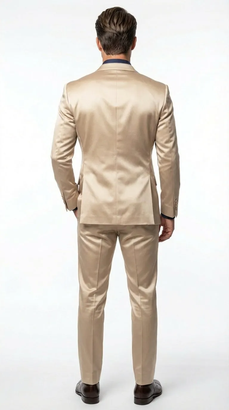 Mens Shiny Champagne Gold Two Piece Suit – Luxury Formal Satin Finish Suit for Wedding, Party and Evening Wear sold by Alberto Nardoni product image thumbnail 2