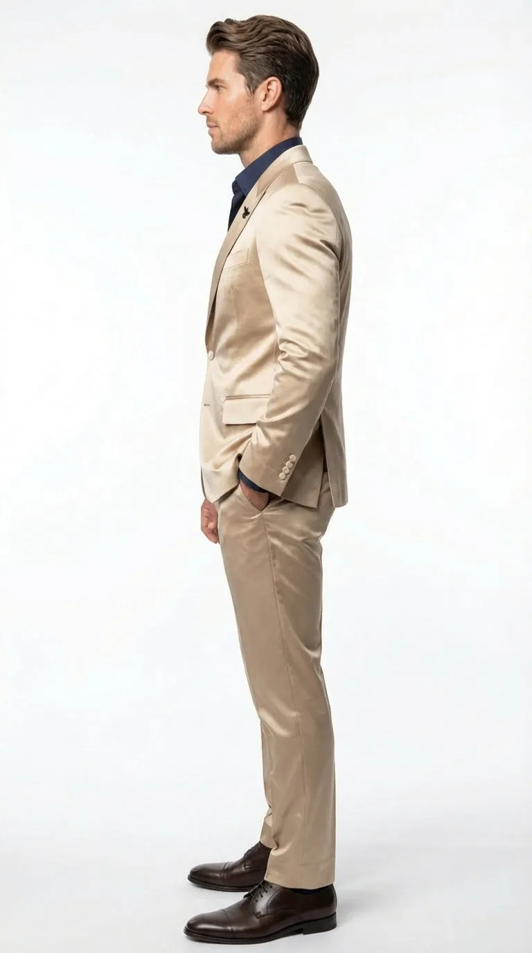 Mens Shiny Champagne Gold Two Piece Suit – Luxury Formal Satin Finish Suit for Wedding, Party and Evening Wear sold by Alberto Nardoni product image thumbnail 3