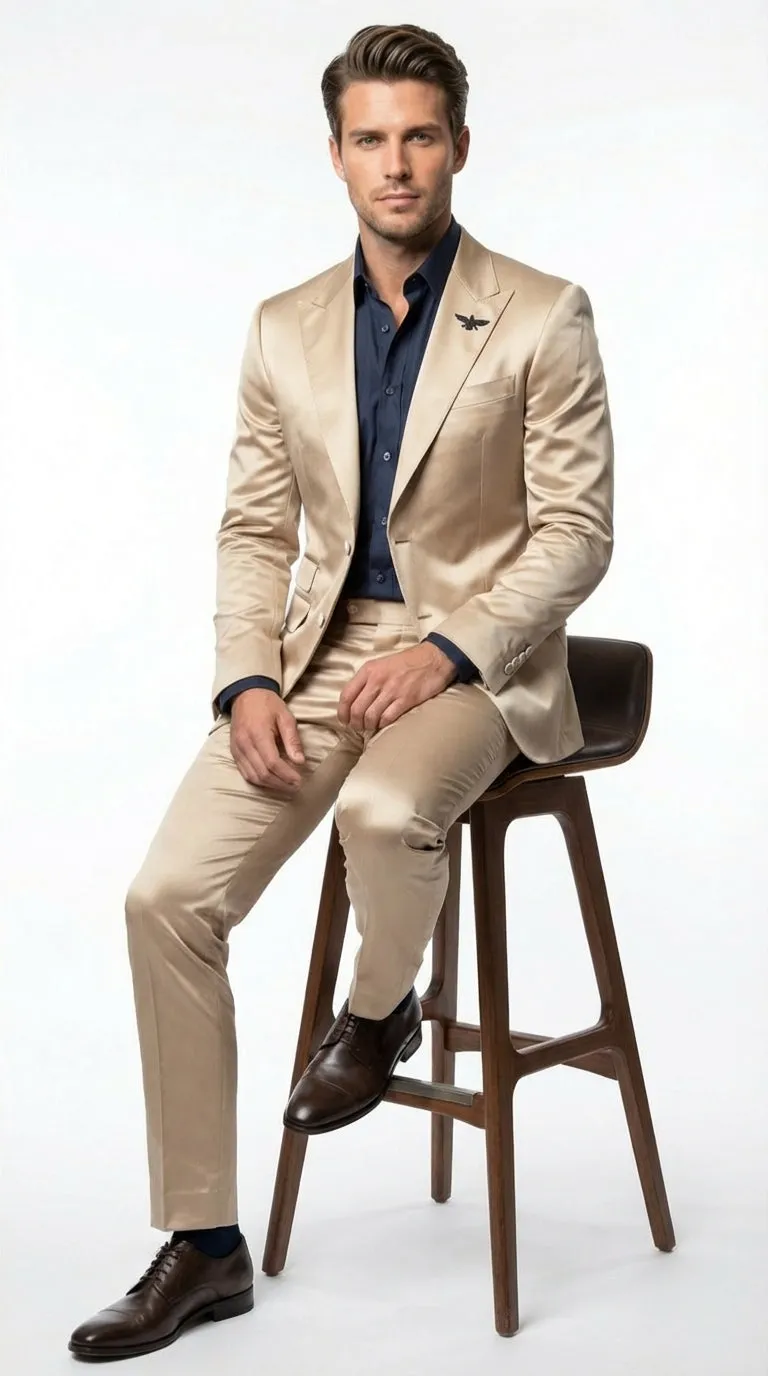 Mens Shiny Champagne Gold Two Piece Suit – Luxury Formal Satin Finish Suit for Wedding, Party and Evening Wear sold by Alberto Nardoni product image thumbnail 4