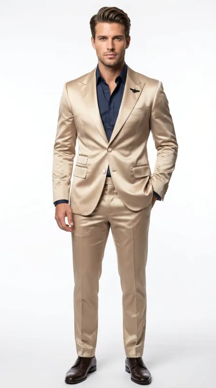 Mens Shiny Champagne Gold Two Piece Suit – Luxury Formal Satin Finish Suit for Wedding, Party and Evening Wear sold by Alberto Nardoni
