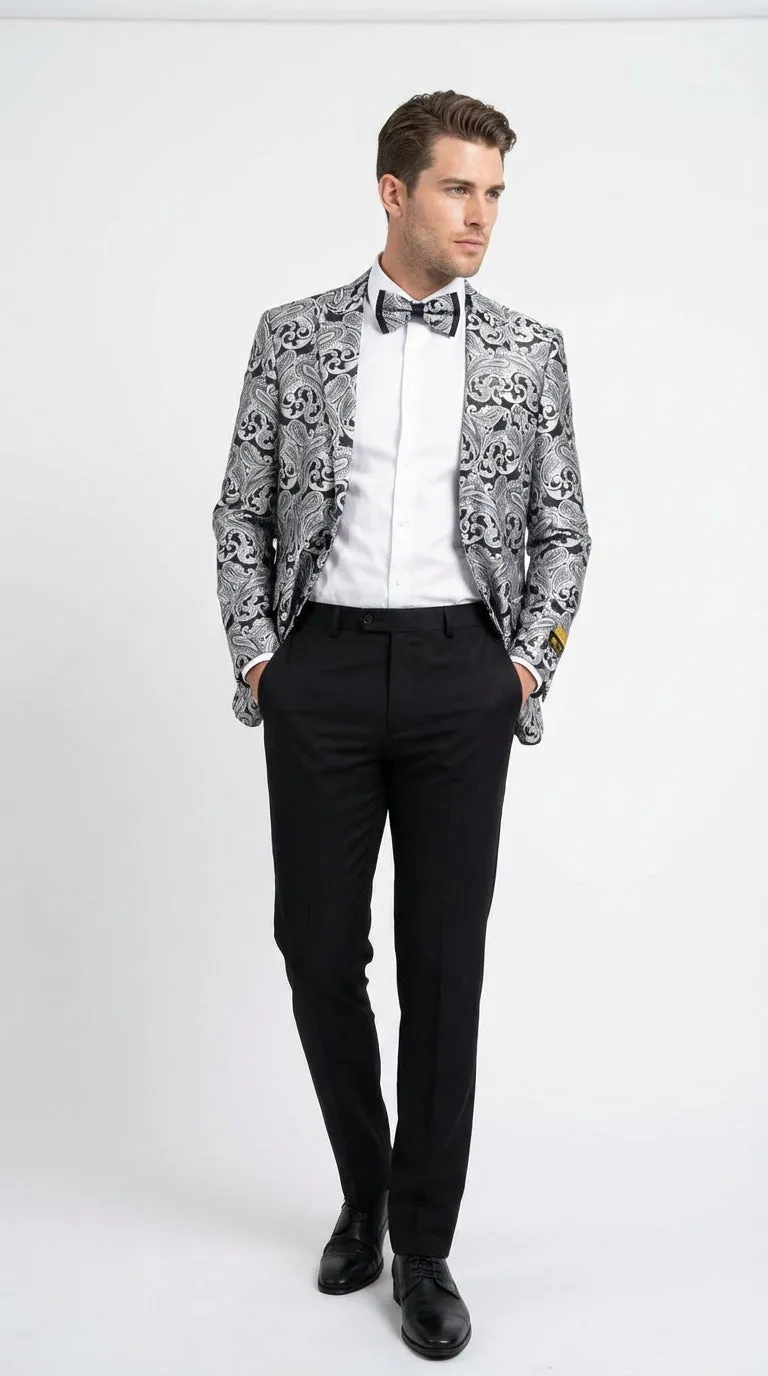 Men’s Silver and Black Paisley Prom Blazer Jacket | Printed Formal Evening Tuxedo Blazer + Free Matching Bow Tie sold by Alberto Nardoni product image thumbnail 5