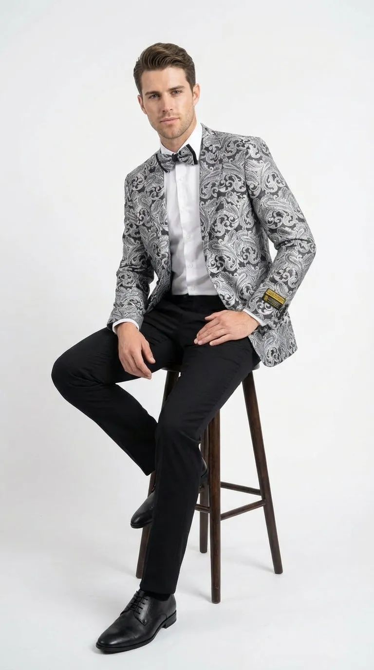 Men’s Silver and Black Paisley Prom Blazer Jacket | Printed Formal Evening Tuxedo Blazer + Free Matching Bow Tie sold by Alberto Nardoni product image thumbnail 2
