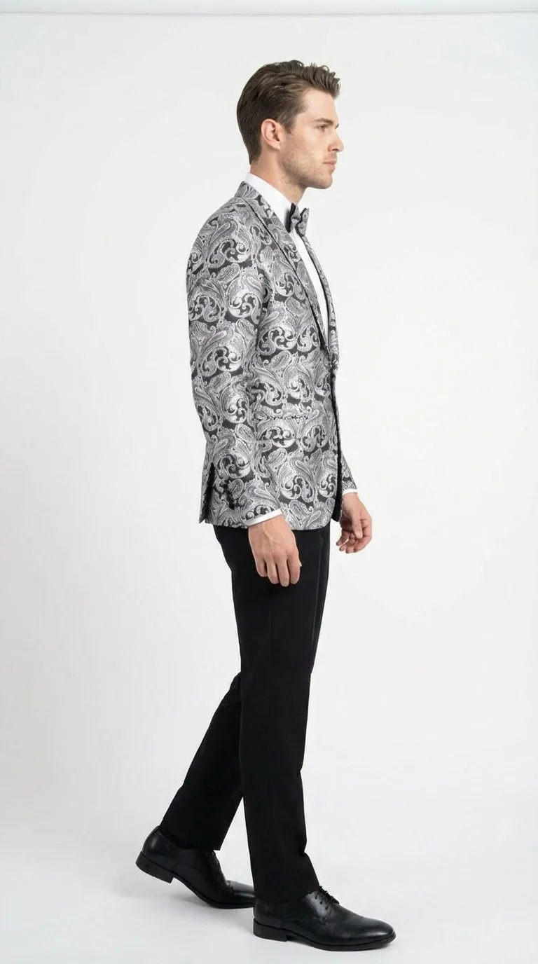 Men’s Silver and Black Paisley Prom Blazer Jacket | Printed Formal Evening Tuxedo Blazer + Free Matching Bow Tie sold by Alberto Nardoni product image thumbnail 3