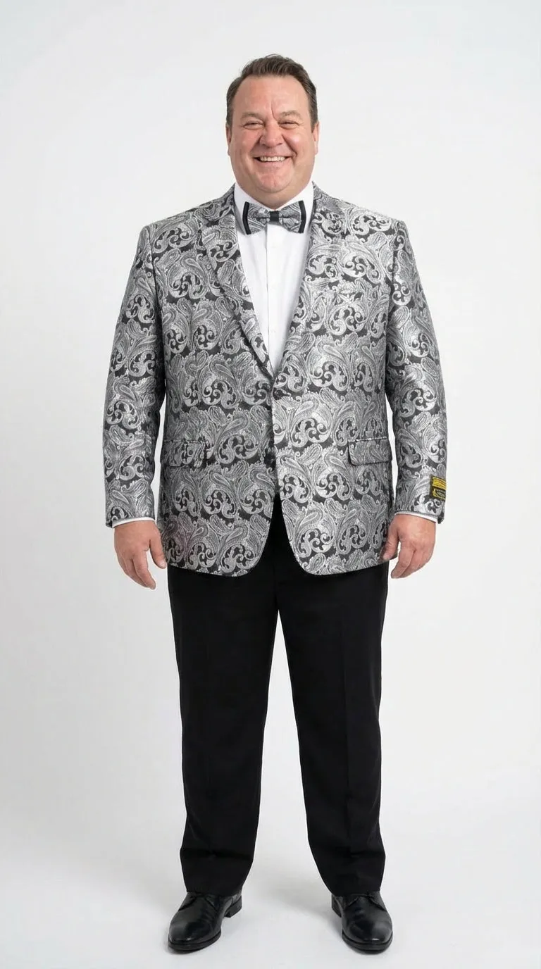 Men’s Silver and Black Paisley Prom Blazer Jacket | Printed Formal Evening Tuxedo Blazer + Free Matching Bow Tie sold by Alberto Nardoni