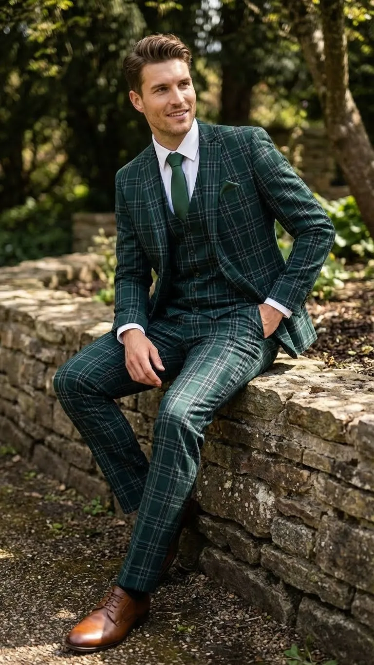 Men's Dark Green Plaid 3 Piece Suit – Checkered Suit Set for Wedding, Windowpane Tartan Fabric - Ultra Slim Fit sold by Alberto Nardoni product image thumbnail 4