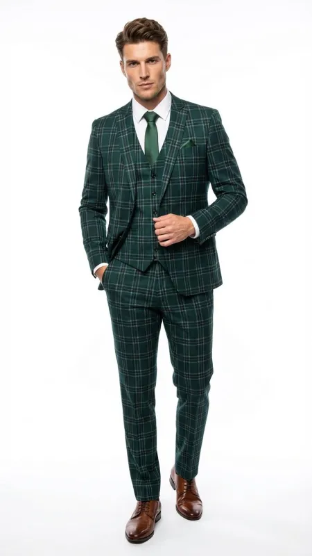 Men's Dark Green Plaid 3 Piece Suit – Checkered Suit Set for Wedding, Windowpane Tartan Fabric - Ultra Slim Fit sold by Alberto Nardoni