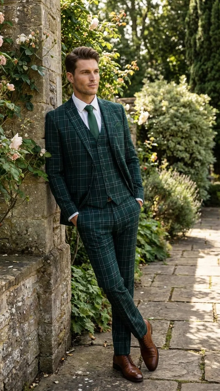 Men's Dark Green Plaid 3 Piece Suit – Checkered Suit Set for Wedding, Windowpane Tartan Fabric - Ultra Slim Fit sold by Alberto Nardoni product image thumbnail 5