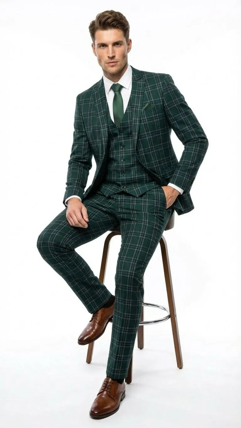 Men's Dark Green Plaid 3 Piece Suit – Checkered Suit Set for Wedding, Windowpane Tartan Fabric - Ultra Slim Fit sold by Alberto Nardoni product image thumbnail 3