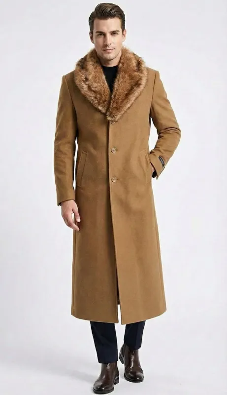 Men's Camel Brown Long Overcoat with Faux Fur Collar, Classic Winter Topcoat for Formal and Business Wear sold by Alberto Nardoni