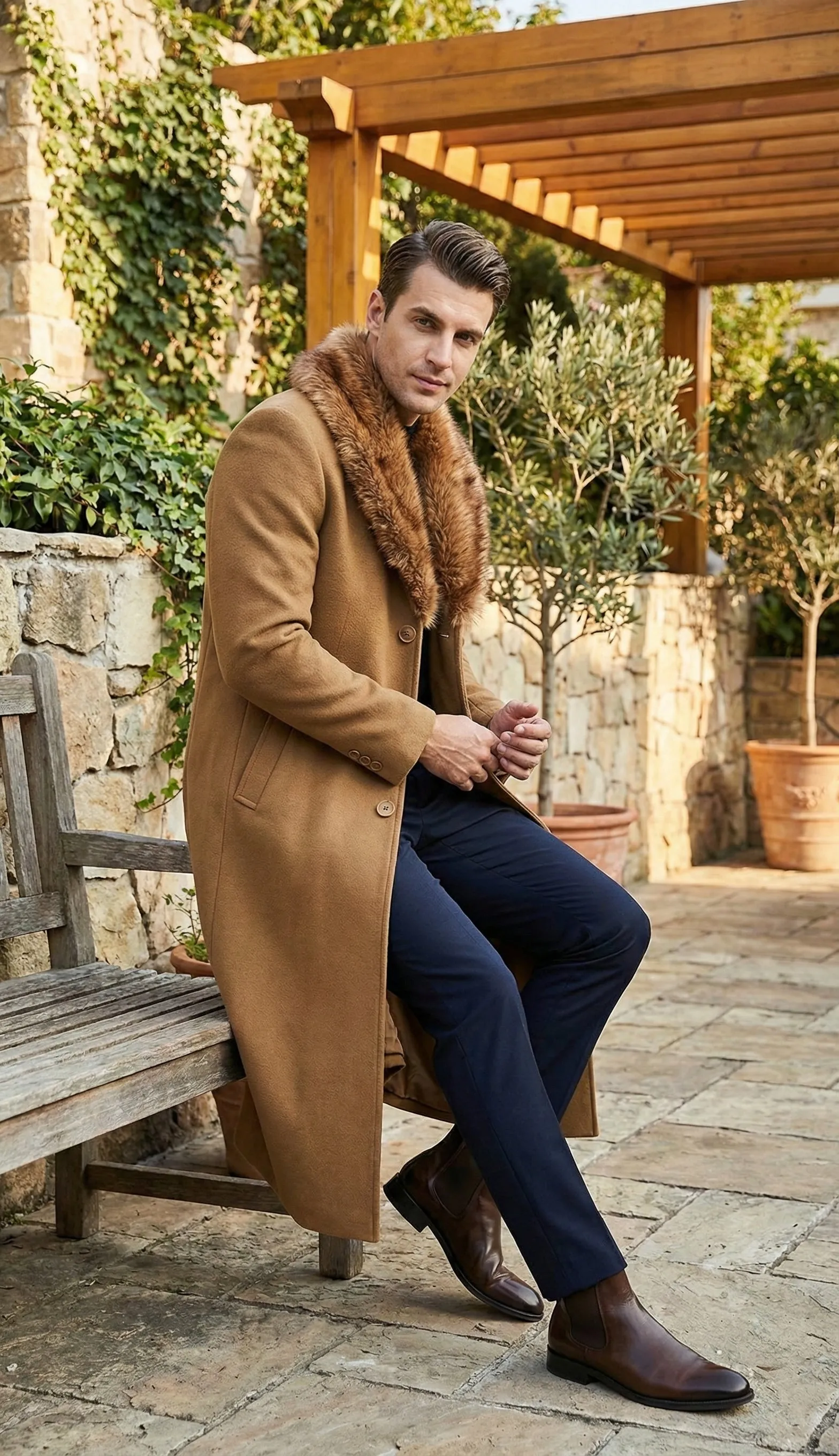 Men's Camel Brown Long Overcoat with Faux Fur Collar, Classic Winter Topcoat for Formal and Business Wear sold by Alberto Nardoni product image thumbnail 5