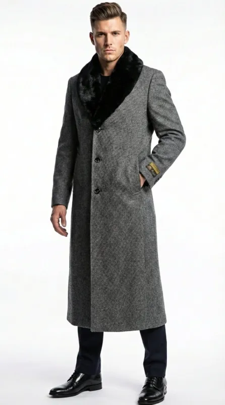 Men's Grey Herringbone Tweed Long Overcoat with Black Faux Fur Collar, Classic Winter Topcoat sold by Alberto Nardoni