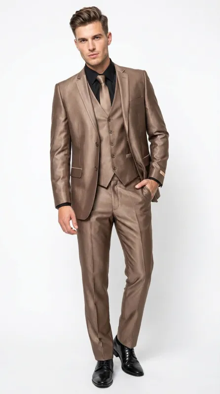 Men’s Bronze Brown Mocco 3 Piece Suit – Modern Formal Suit Set for Wedding, Prom and Business Events Light Brown Coffee Dark Tan sold by Alberto Nardoni