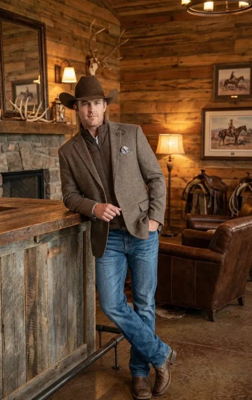 Men’s Brown Herringbone Tweed Cowboy Western Blazer – Classic Country Sport Coat Jacket for Ranch Wear,  Cowboy Jacket made by Alberto Nardoni